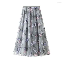 Rokken Comelsexy 2024 Lente Herfst Dragonfly Borduren Tule Vrouwen Lange Hoge Taille Chic A-lijn Paraplu Mesh Rok Vrouwelijke