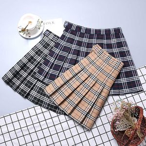 Jupes Contraste Couleur Plaid Rayé Jupe Version Coréenne De Jupe Plissée Automne Taille Haute Une Ligne Plaid Mini Jupe Étudiant Style Doux W0308