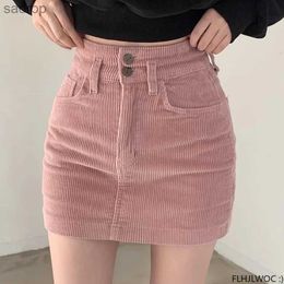 Jupes Vêtements en velours côtelé des design de bouton solide date de filles de bureau pour femmes rose noire haute taille sexy mini robe mignonne
