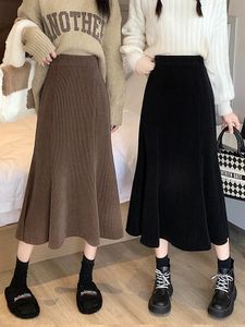 Rokken Corduroy Lange Zeemeermin Rok Vrouwen Herfst Hoge Taille Ruches Midi Vrouwelijke Koreaanse Mode Elegante Elastische Zwarte Aline 231025