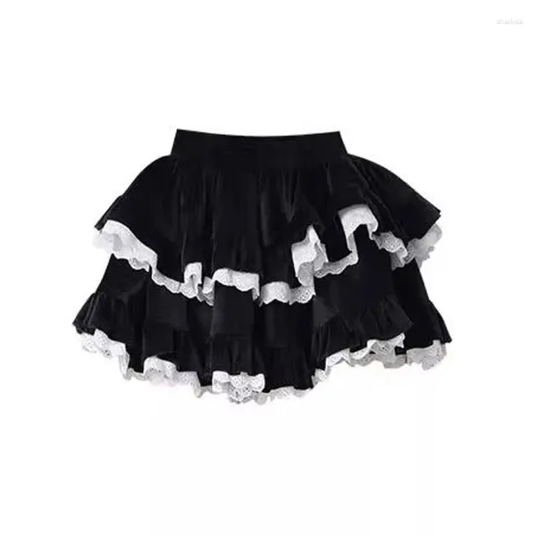 Jupes en velours côtelé Mini gâteau Kawaii jupe noire Patchwork robe de bal fille 2000s douce patineuse automne hiver volants sous-cultures