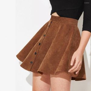 Rokken corduroy rok ademende herfst winter vaste kleur skater mini knopen decor skin-touching dagelijkse kleding