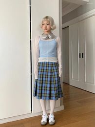 Jupes Coton Rétro Mignon Écossais Jupe Plissée Minceur Coréen Stly Taille Haute A-ligne Bleu Plaid Frais Vintage Y2k Ching