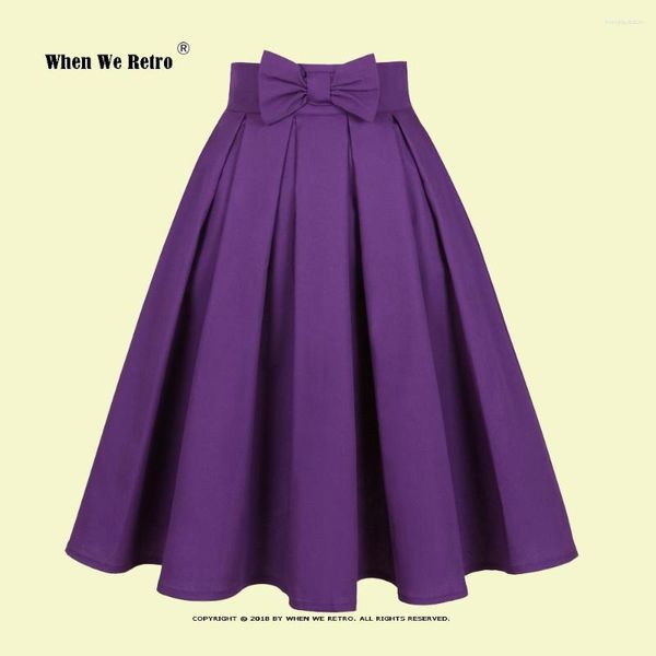Jupes Coton Vintage Rétro Violet Jupe Pour Femmes SS0012 Couleur Unie Taille Haute Plissée Avec Arc Sur Le