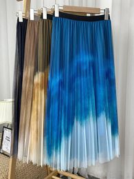 Faldas Croysier Midi largas para mujer moda Tie Dye estampado degradado Color malla plisada Falda elástica cintura alta tul 230519