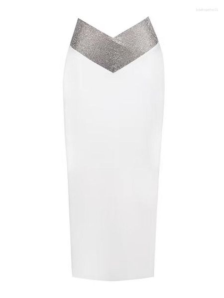 Faldas Diamantes de cristal Blanco Negro Bodycon Vendaje Mujer 2023 Llegada de verano Fiesta de moda Club Sexy Lápiz dividido