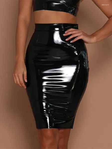 Faldas CUHAKCI Falda de cintura alta para mujer Mini lápiz negro brillante mujeres sexy rojo femenino club elegante bodycon 2023