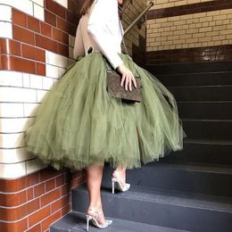 Jupes sur mesure armée vert Tulle Tutu jupe pour femmes longueur au genou taille élastique Midi 5 couches robe de bal Vintage