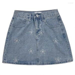 Rokken schattige bloem borduurwerk design zomer retro lichtblauw hoge taille all-match denim rok