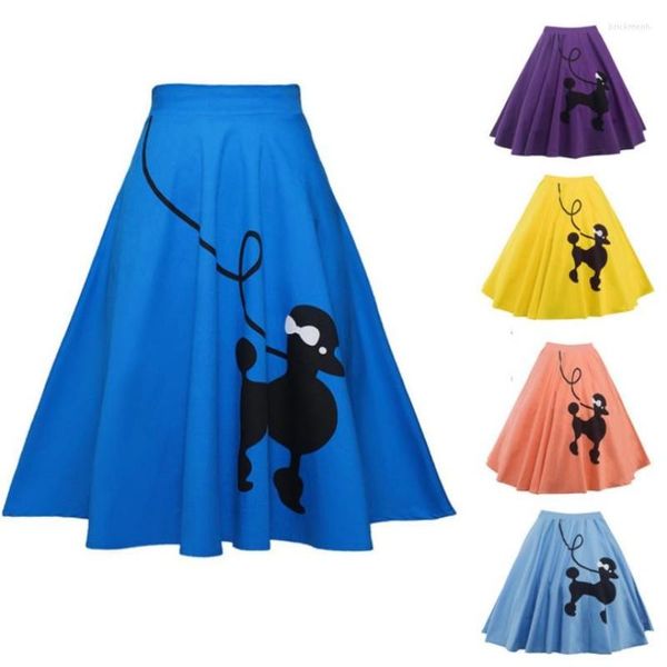 Faldas lindas con estampado de cachorro de caniche para mujer verano algodón hasta la rodilla Retro Swing Vestidos niñas Rockabilly Hippie disfraz