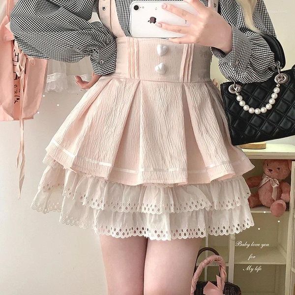 Faldas lindas mujeres harajuku lolita estilo multicapa encaje ajuste cintura elástica mini para chicas dulces ropa kawaii