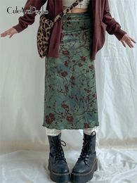 Faldas Cuteandpsycho Y2K Estampado floral Vintage Midi Fairycore Harajuku Mujeres Estética recta 2000s Lindos trajes retro
