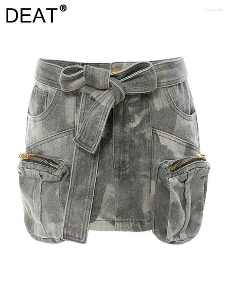 Faldas DEAT moda tridimensional cremallera bolsillo falda camuflaje cintura baja mini denim con cinturón verano 2024 17A3602H