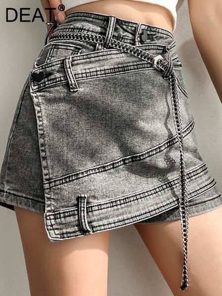 Faldas DEAT Moda Mujer Denim Cuero Innovación Cintura alta Irregular Cadena Empalme Gris Laptop Esquí Mujer Moda Verano 17A1443 230520