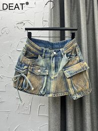 Юбки DEAT Женские джинсовые с несколькими карманами в стиле пэчворк, мини-юбка-карго на шнуровке, осенняя мода 2023, 29L3411 231127