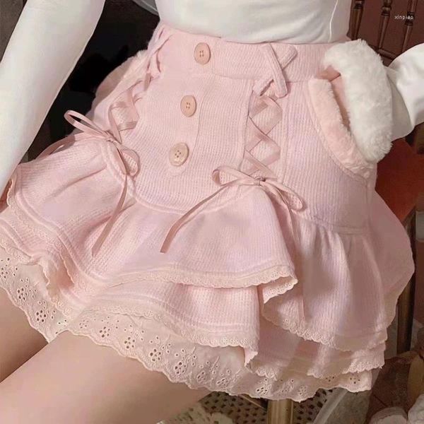 Faldas profundas down japonés kawaii mini rosa dulce lolita estilo harajuku women bow linda falda de tejido de encaje