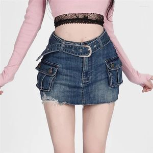 Jupes Deeptown Denim Mini jupe femmes Vintage bleu taille haute a-ligne ceinture poches de détresse moulante Sexy Jean été japonais Y2k