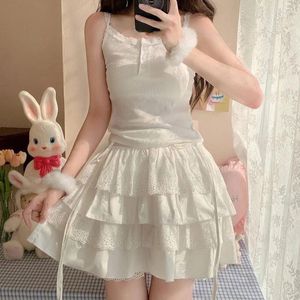 Rokken Deeptown Kawaii Lace Ruffle Mini Rok Women Coquette White Bow Short Fairycore Patchwork Sweet Cute Casual Mode