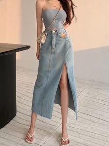 Rokken Deeptown Long Denim Rok Women Solid High Taille A Line Slim Koreaanse stijl Jean Slit Midi Summer Fashion Girl 231130