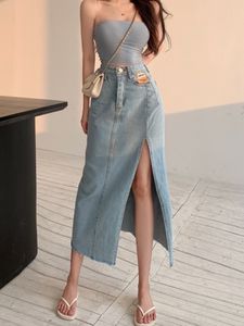Jupes DEEPTOWN Long Denim Vintage Femmes Solide Taille Haute Une LIGNE Mince Style Coréen Jean Fente Midi D'été De Mode Fille 230428
