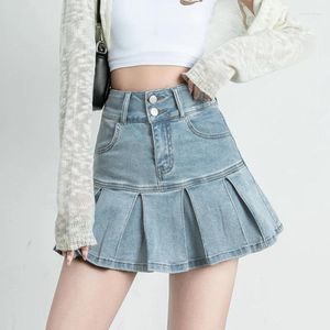 Rokken Deeptown geplooide denim rok shorts vrouwen zomer Koreaanse mode hoge taille a-line slanke schattige sexy mini Jean ruche vrouw