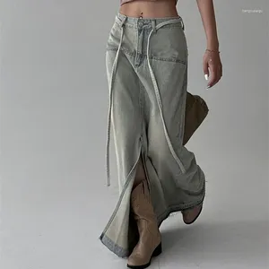Jupes Deeptown Vintage Long Denim Jupe Femmes Y2K Streetwear Low Raise A-Line Split Lace-Up Patchwork Corée Fashion Maxi Jeans
