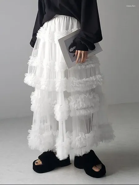 Jupes Deeptown White en dentelle longue jupe femme de style coréen haute taille A-line vintage élégant en couches tutu été transparente