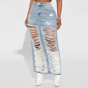 Jupes Denim en détresse gland trou Maxi jean femmes taille haute bouton mince évider jupe longue décontracté Streetwear bas