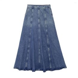 Rokken denim lang voor vrouwen blauwe hoge taille 2024 vervaagde spleet visstaart vrouwelijke lente zomer casual pocket jeans