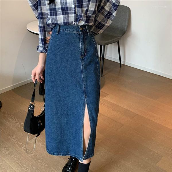 Jupes Denim longues pour femmes bleu taille haute femme mode 2023 jupe droite Streetwear Vintage fendu