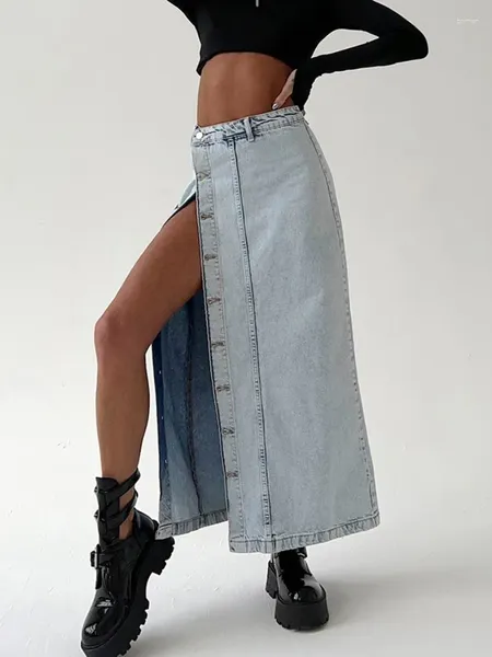 Jupes Denim Jupe longue pour femmes tenue bouton fermeture asymétrique Falda esthétique vêtements fente Jupe Jean Sexy Faldones Para Mujer