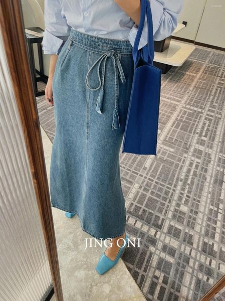 Jupes Denim jupe longue femmes 2024 vêtements Vintage élégant Style coréen Y2K mode une pièce Tulle jean Cargo luxe taille haute bleu