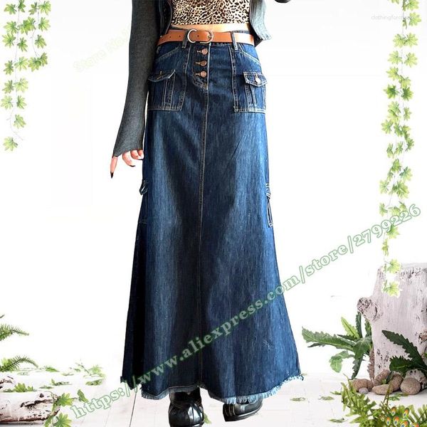 Jupes Denim Maxi Jupe Avec Fente Mode Coréenne Droite Bouton Mince Femmes Queue De Poisson