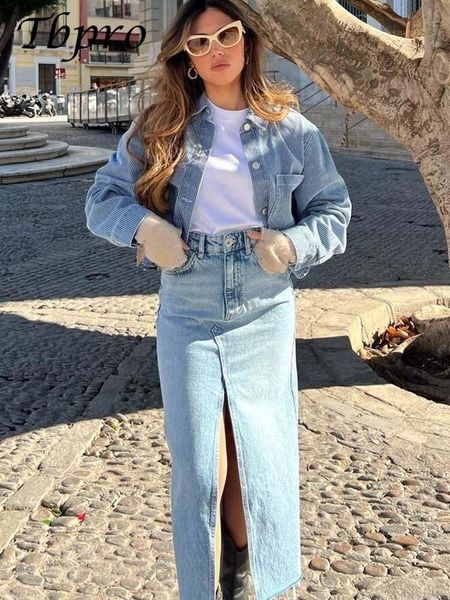 Jupes Denim milieu fendu taille haute longue bleu décontracté bouton poche Jean jupe femmes mode printemps Streetwear vêtements 230424