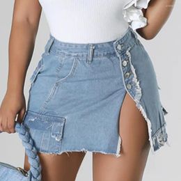 Gonne Denim Mini Pocket Skirt Jean Dress Sexy Y2K Streetwear 2023 Abbigliamento estivo donna Cargo Nappa Frangia a vita alta