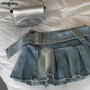 Jupes Denim Mini Femmes doux Plissé Chic Été Sexy avec Ceinture Vintage Volants Streetwear Hip Hop Y2k Mode Fente Conçu 230718