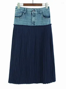 Rokken denim patchwork hoog taille geplooid voor vrouwen 2024 herfst stijlvolle mode middele lengte chiffon rok y4410