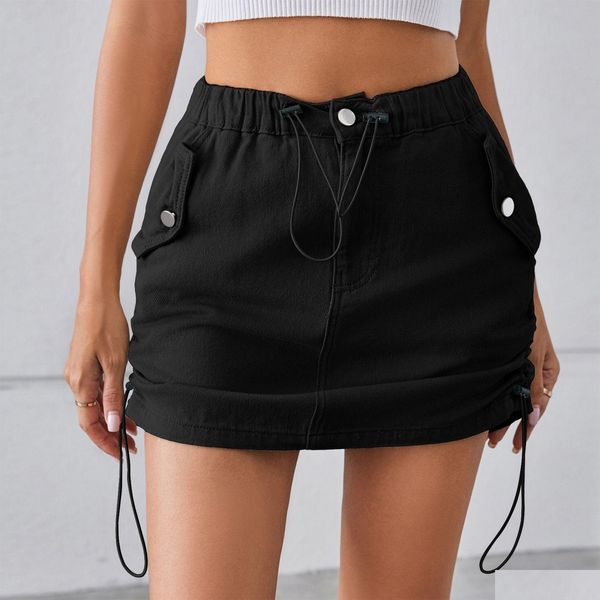 Jupes Denim jupe courte Dstring taille élastique été Y chemises femmes vêtements grande taille S M L XL XXL noir livraison directe vêtements femmes Otf8V