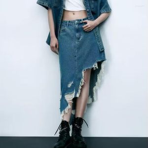 Rokken denim rok vrouwen scheurden asymmetrische jeans lange dames 2023 zomer hoge taille midi vrouw streetwear