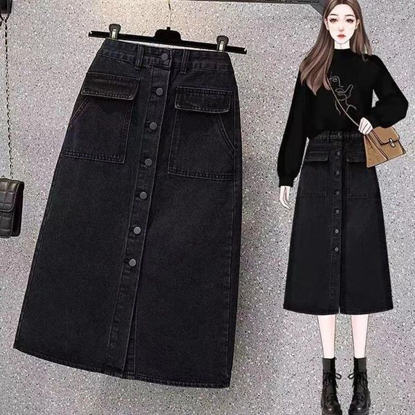 Jupes Denim jupe femme grande taille printemps et automne Style coréen mode simple boutonnage fendu taille haute noir a-ligne