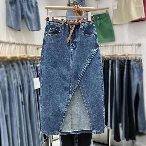 Jupes jupe en jean femme été 2023 taille haute mi-longue fente a-ligne droite solide décontracté coton mi-mollet