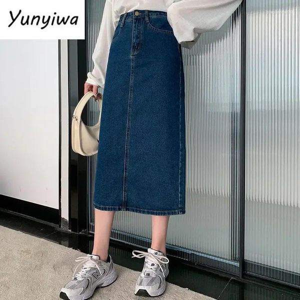 Jupes Denim Femmes A-ligne Taille Haute Solide Midi Jupe Décontracté Lâche Coréen Tendance Streetwear Tout-match Vintage Rétro Adolescents Chic