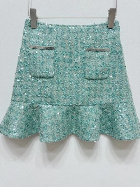 Jupes diamants décoration en tweed à paillettes en tweed mini-jupe rouleaux taille haute taille élégante dames vertes courte jupe pour 2024