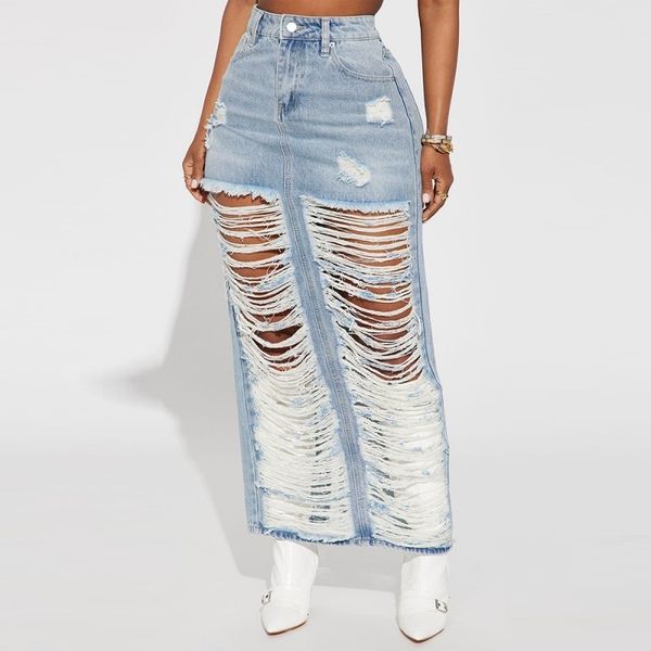 Jupes en détresse en denim bleu pour femme Summer Summer avec un streetwear fendu jean poube