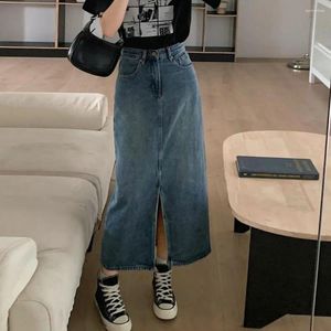 Rokken noodlijdende denim rok vintage midi met hoge taille voorste spleet design retro knop-zipper sluiting multi voor vrouwen