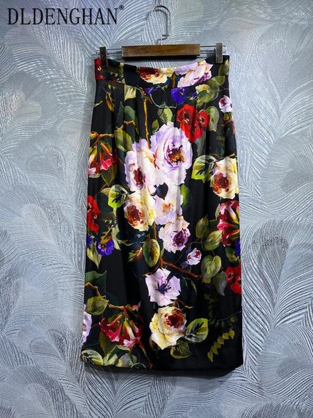 Faldas Dldenghan Primavera Sicilia Seda Falda Mujeres High Cintura Estampado floral Elegante Partido Lápiz Diseñador de moda