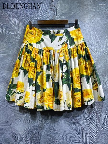 Jupes dldenghan jupe de coton printemps d'été Femmes jaunes imprimées florales hautes hautes plage de vacances mini-mode créatrice de mode