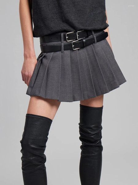 Faldas Falda plisada con cinturón doble Y2K Temperamento elegante Lana de lana de cintura alta Peplum Gris Corto para mujer 2024 Primavera