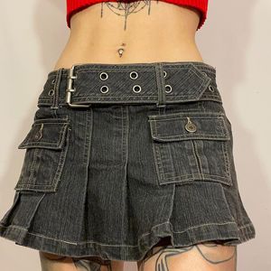 Jupes Dour y mode coréenne y2k 2000s E girl femmes taille basse une ligne plissée Punk Grunge Jeans Denim Streetwear 230505