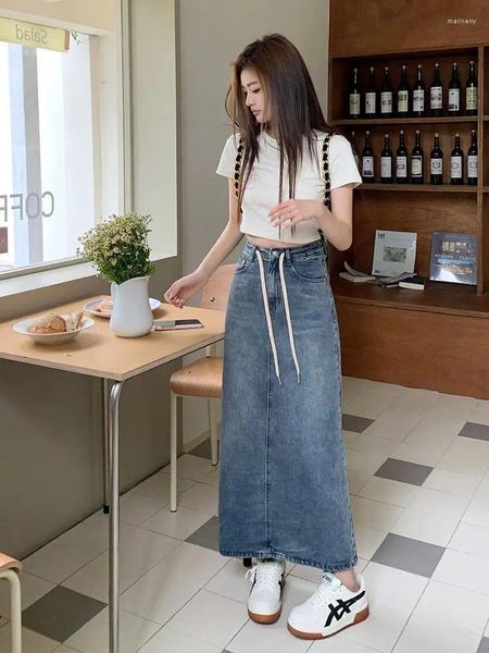 Faldas Drawstring Denim Women A-Line High Winist Solid Long Falda Long Falda Corea de Streetwear All-Match All-Match Vintage Fashion